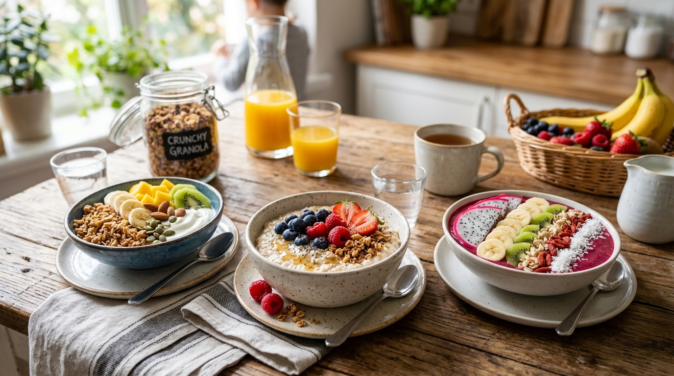 Zdravé snídaňové misky s ovocem a obilovinami
